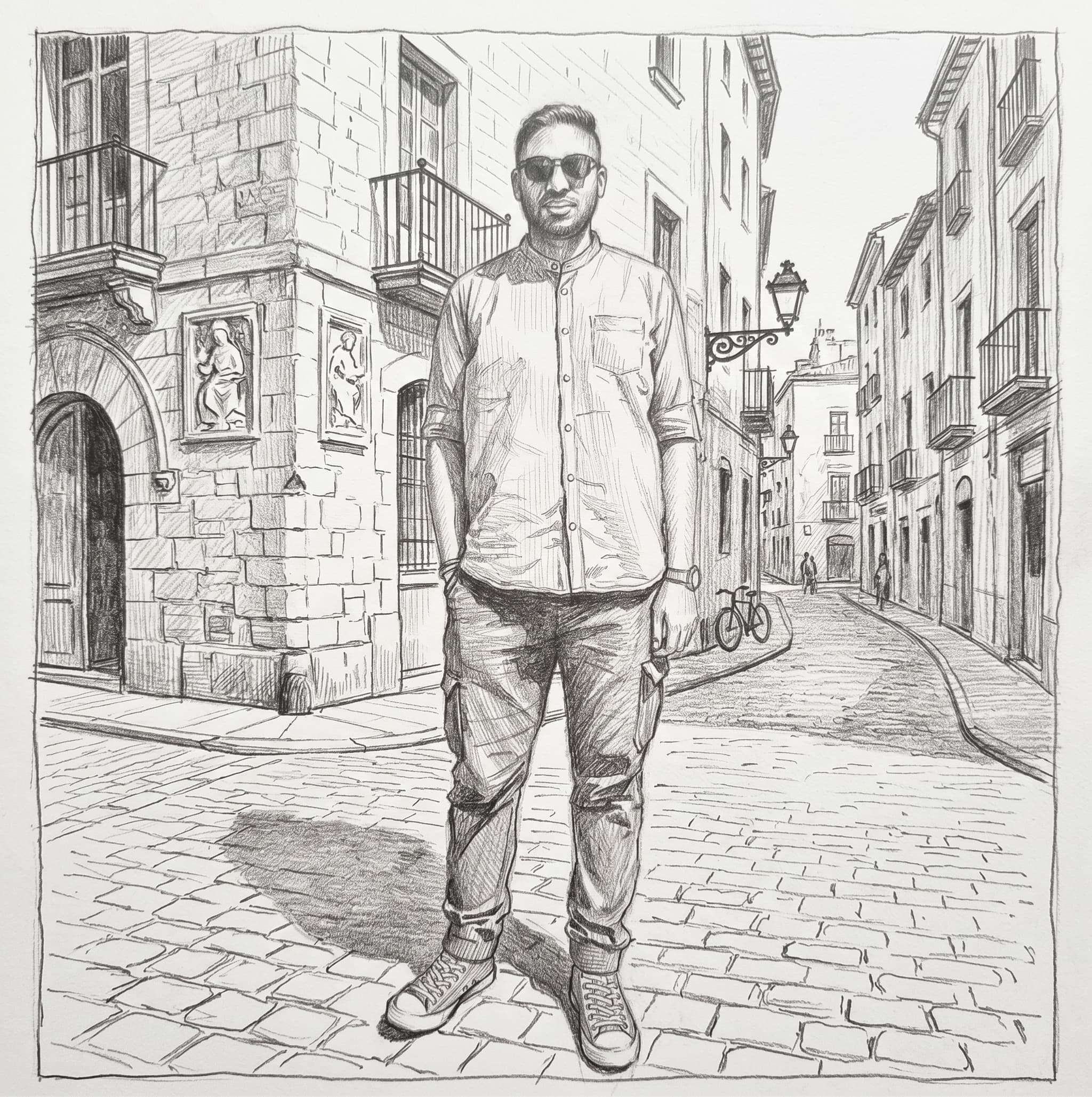 Pencil sketch of Shahrier standing in an old town street